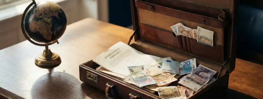 Versleten leren aktetas op eikenhouten bureau met Europese bankbiljetten, internationaal contract en kleine wereldbol.
