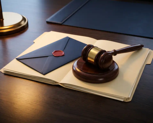 Houten rechtershamer naast verzegelde juridische envelop op donker eiken bureau met open dossiermap en losse documenten.