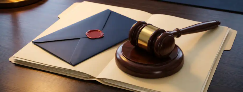 Houten rechtershamer naast verzegelde juridische envelop op donker eiken bureau met open dossiermap en losse documenten.