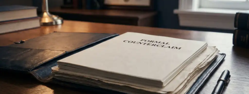 Openliggend leren juridisch dossier op eikenhouten bureau met formeel tegeneis-document en vulpen in warm kantoorlicht.