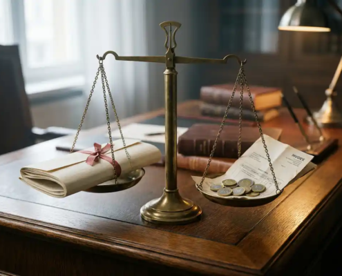 Messing weegschaal op donker eiken bureau met juridisch document en euromunt stapel, symbool voor juridische kosten.