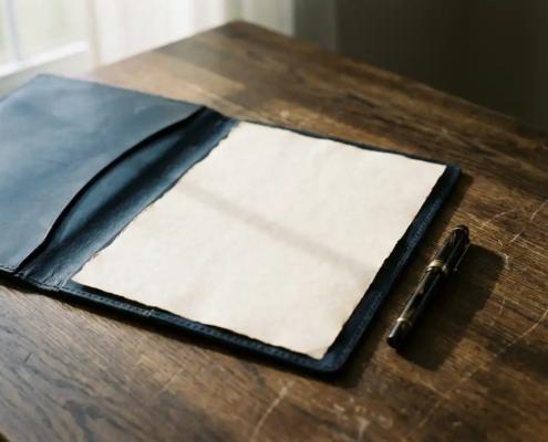Opengevouwen leren contractmap op donker eiken bureau met ongetekende pagina en fonteinpen, zacht natuurlijk raamlicht.