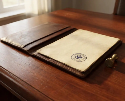 Versleten leren juridische portfolio op gepolijst houten bureau met officieel overheidsstempel op oud perkamentpapier en messing zegel.