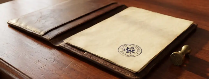 Versleten leren juridische portfolio op gepolijst houten bureau met officieel overheidsstempel op oud perkamentpapier en messing zegel.