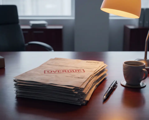 Stapel onbetaalde facturen met rood 'achterstallig' stempel op een zakelijk bureau, pen en koffiekopje ernaast.