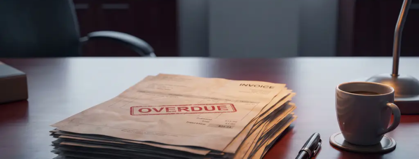 Stapel onbetaalde facturen met rood 'achterstallig' stempel op een zakelijk bureau, pen en koffiekopje ernaast.