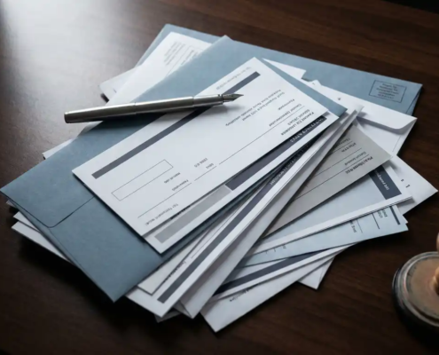 Stapel onbetaalde facturen en juridische documenten op donker bureau met pen en juridisch stempel, professionele kantooromgeving.