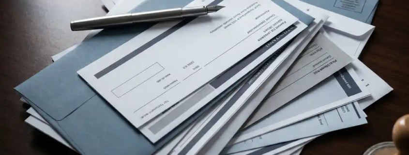 Stapel onbetaalde facturen en juridische documenten op donker bureau met pen en juridisch stempel, professionele kantooromgeving.