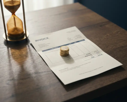 Onbetaalde factuur op donker eiken bureau met euromunten en zandloper, symbool voor betalingsachterstand.