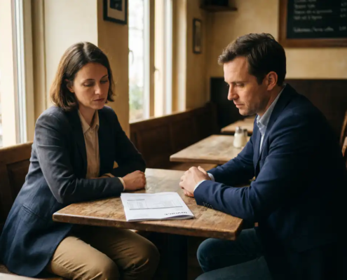 Ondernemer en vaste klant aan houten cafétafel met onbetaalde factuur ertussen, gespannen sfeer in warm amberkleurig licht.
