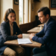 Ondernemer en vaste klant aan houten cafétafel met onbetaalde factuur ertussen, gespannen sfeer in warm amberkleurig licht.