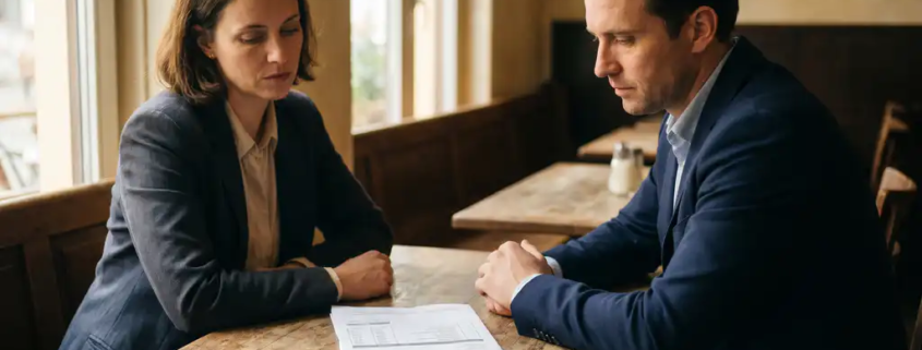 Ondernemer en vaste klant aan houten cafétafel met onbetaalde factuur ertussen, gespannen sfeer in warm amberkleurig licht.