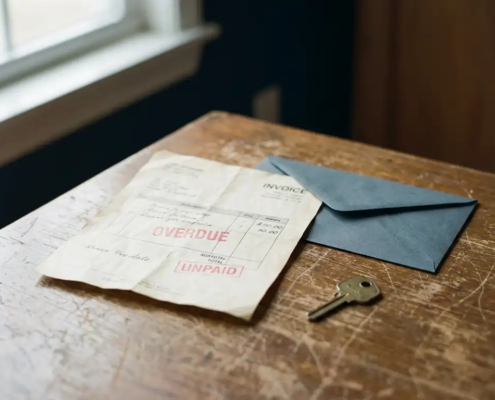 Verfrommelde onbetaalde factuur op versleten houten bureau naast dichtgeplakte envelop en huissleutel, zacht daglicht.