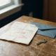 Verfrommelde onbetaalde factuur op versleten houten bureau naast dichtgeplakte envelop en huissleutel, zacht daglicht.