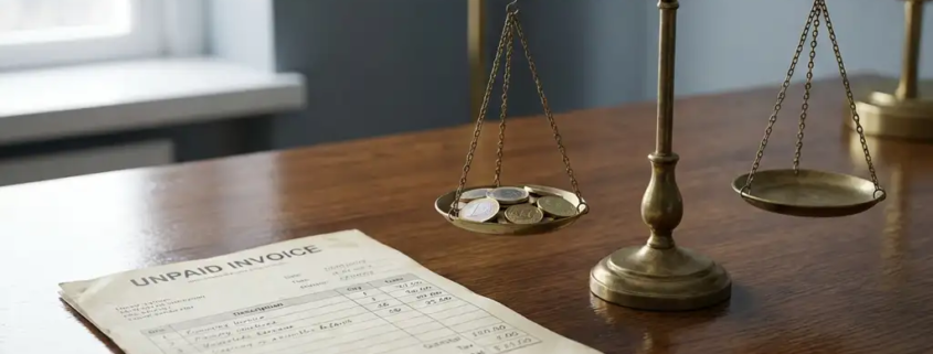 Onbetaalde factuur op donker eiken bureau naast een weegschaal met euromunten, zachte natuurlijke belichting.