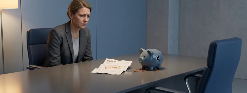Gestresste ondernemer aan leeg bureau met achterstallige factuur en gebarsten spaarpot in blauwgrijze kantooromgeving.
