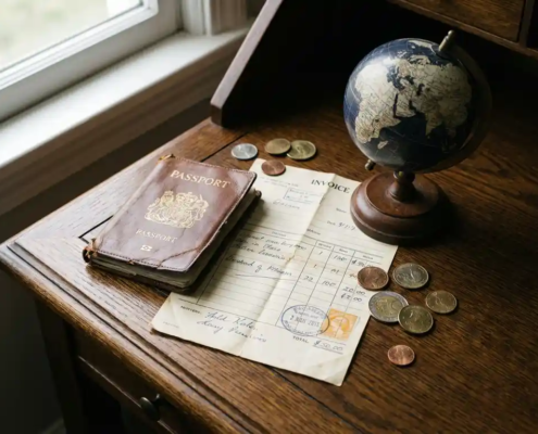 Open versleten leren paspoort op donker eiken bureau naast gevouwen factuur en kleine globe, omringd door buitenlandse munten.