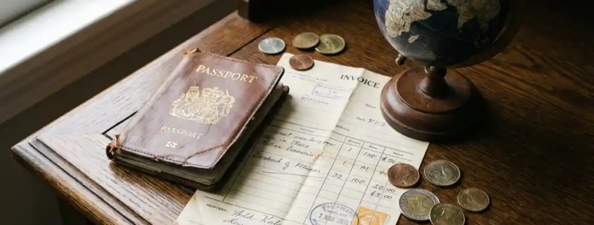 Open versleten leren paspoort op donker eiken bureau naast gevouwen factuur en kleine globe, omringd door buitenlandse munten.