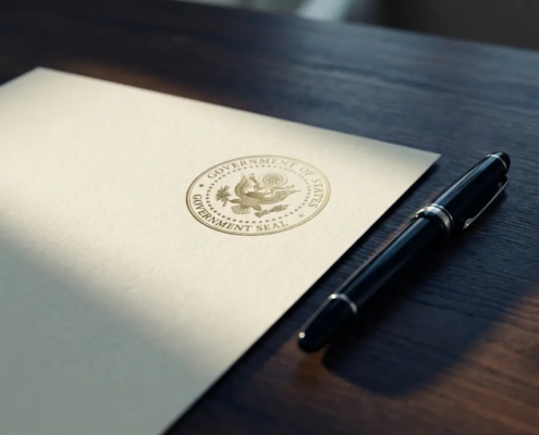 Officieel registratiecertificaat op eiken bureau met overheidszegel op crèmepapier en zwarte pen ernaast.