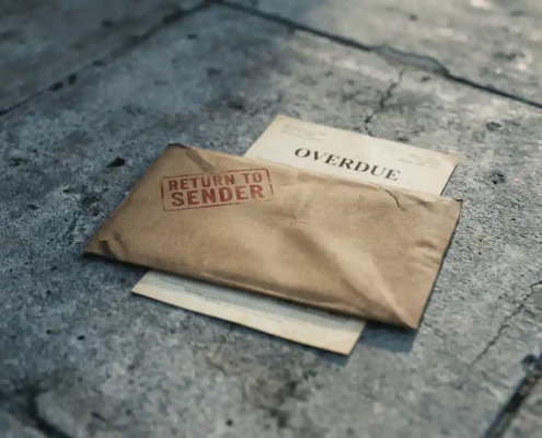 Bruin envelop met rood "return to sender"-stempel op betonnen ondergrond, gedeeltelijk zichtbare achterstallige factuur eronder.