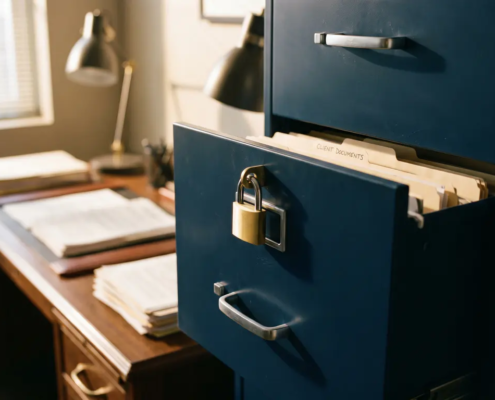 Vergrendeld stalen archiefkast met gouden hangslot, gedeeltelijk zichtbare clientdossiers in halfopen lade op professioneel bureau.