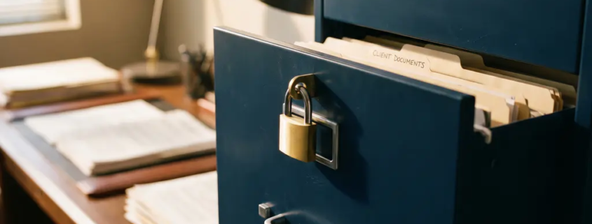 Vergrendeld stalen archiefkast met gouden hangslot, gedeeltelijk zichtbare clientdossiers in halfopen lade op professioneel bureau.