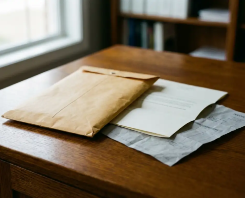 Verzegelde manila envelop op donker eikenhouten bureau naast een formele brief met een afgewezen factuur, warm amberkleurig licht.
