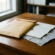 Verzegelde manila envelop op donker eikenhouten bureau naast een formele brief met een afgewezen factuur, warm amberkleurig licht.