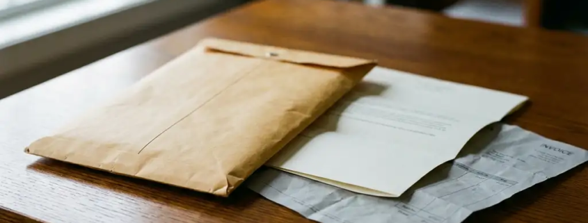 Verzegelde manila envelop op donker eikenhouten bureau naast een formele brief met een afgewezen factuur, warm amberkleurig licht.