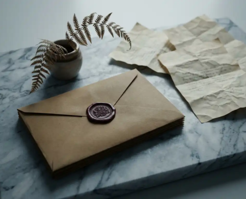 Verzegelde bruine envelop met rood waszegel op marmeren ondergrond, omringd door verfrommelde documenten en een verwelkte plant.
