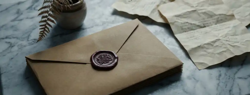 Verzegelde bruine envelop met rood waszegel op marmeren ondergrond, omringd door verfrommelde documenten en een verwelkte plant.
