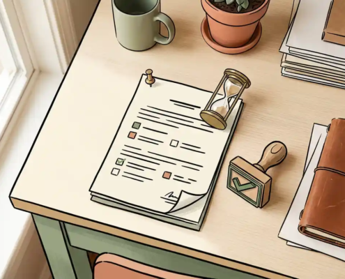 Zandloper bijna leeg op openstaande factuur op bureau, met groen vinkjesstempel ernaast in warme crème en saliegroen tinten.