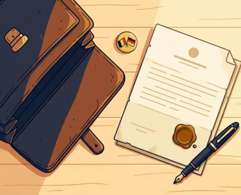 Opengevouwen leren aktetas op houten bureau met officieel document, waszegel, Belgisch-Duitse vlaggenspeld en vulpen.