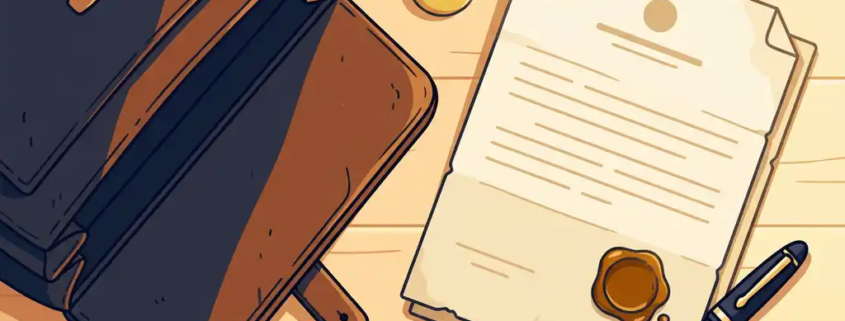 Opengevouwen leren aktetas op houten bureau met officieel document, waszegel, Belgisch-Duitse vlaggenspeld en vulpen.
