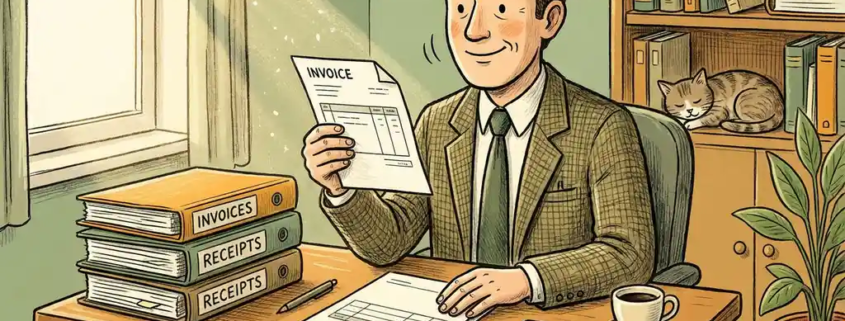 Accountant aan houten bureau controleert papieren factuur, omringd door ordners, rekenmachine en koffiekop in gezellig kantoor met natuurlijk licht.