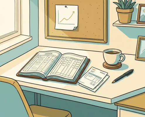 Opengeslagen grootboek naast facturen, grafiek met stijgende lijn en koffiekop op een opgeruimd bureau in warm ochtendlicht.