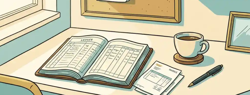 Opengeslagen grootboek naast facturen, grafiek met stijgende lijn en koffiekop op een opgeruimd bureau in warm ochtendlicht.