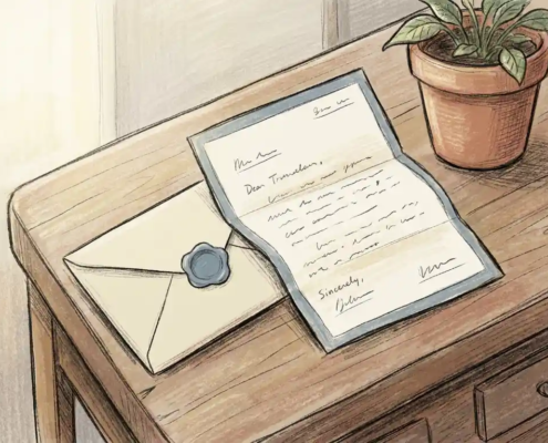 Handgetekende illustratie van een envelop en formele brief op een houten bureau met een klein potplantje ernaast.