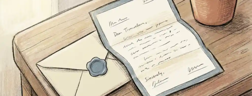 Handgetekende illustratie van een envelop en formele brief op een houten bureau met een klein potplantje ernaast.