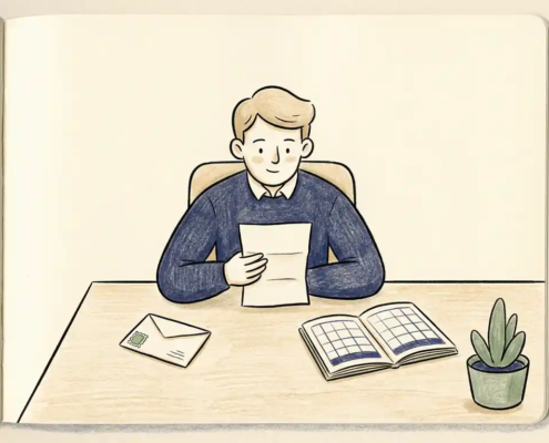 Rustige professional aan houten bureau die een document doorneemt, met envelop en opengeslagen kasboek erbij.
