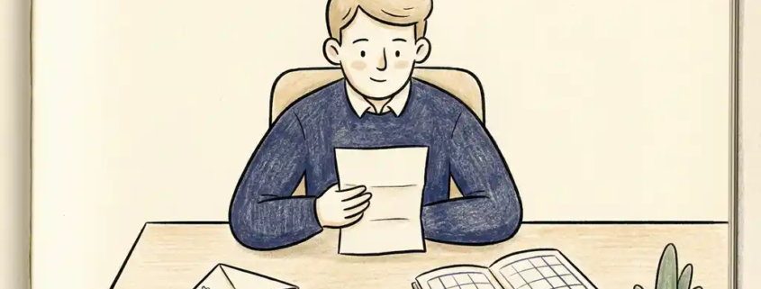 Rustige professional aan houten bureau die een document doorneemt, met envelop en opengeslagen kasboek erbij.
