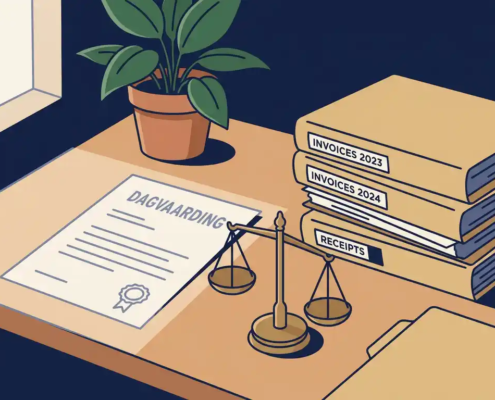 Nederlandse dagvaarding op houten bureau naast weegschaal van justitie, factuurmappen en kamerplant in vlakke illustratiestijl.