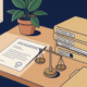 Nederlandse dagvaarding op houten bureau naast weegschaal van justitie, factuurmappen en kamerplant in vlakke illustratiestijl.