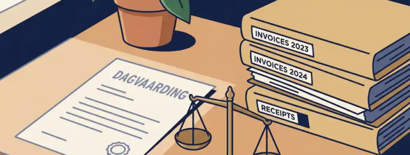 Nederlandse dagvaarding op houten bureau naast weegschaal van justitie, factuurmappen en kamerplant in vlakke illustratiestijl.