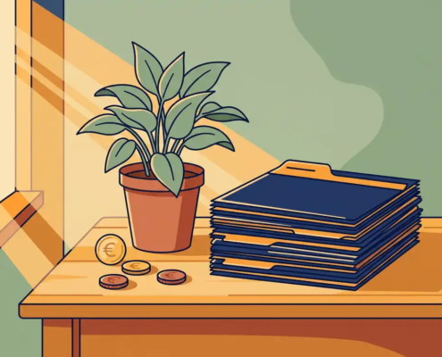 Stapel geordende factuurmappen naast een groene plant op een houten bureau, met euromuntjes en warm gouden licht.