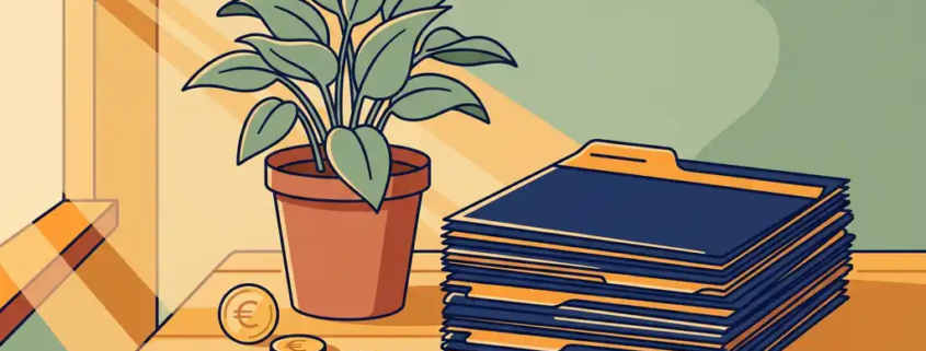 Stapel geordende factuurmappen naast een groene plant op een houten bureau, met euromuntjes en warm gouden licht.