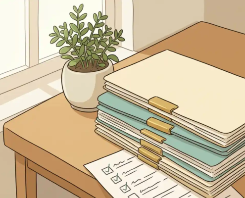 Stapel georganiseerde factuurmappen op een houten bureau met een groen plantje en een handgeschreven checklist eronder.