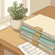 Stapel georganiseerde factuurmappen op een houten bureau met een groen plantje en een handgeschreven checklist eronder.