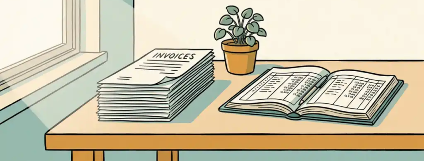 Geïllustreerd bureau met gestapelde facturen, opengeslagen kasboek, vriendelijke pen en klein groen plantje in warme crème- en tealtinten.