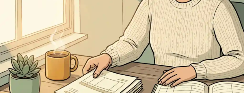Zelfverzekerde professional organiseert facturen en openstaand kasboek op houten bureau, met koffie en plant in warm kantoorlicht.